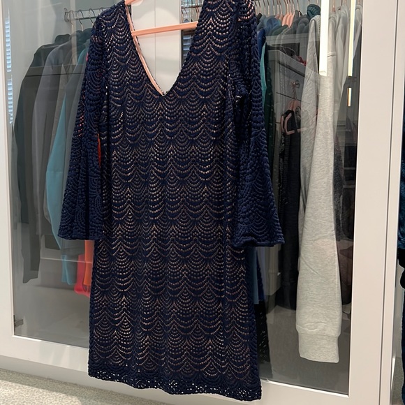 lilly pulitzer navy crochet dress Lilly Pulitzer Dress Wedding Guest Crochet Floral Barbara Midi Navy Gold  Sz8